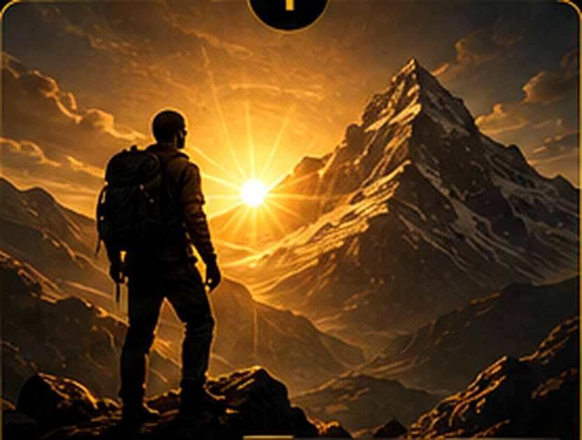 Homem observando uma montanha ao nascer do sol, com luz dourada atrás dele